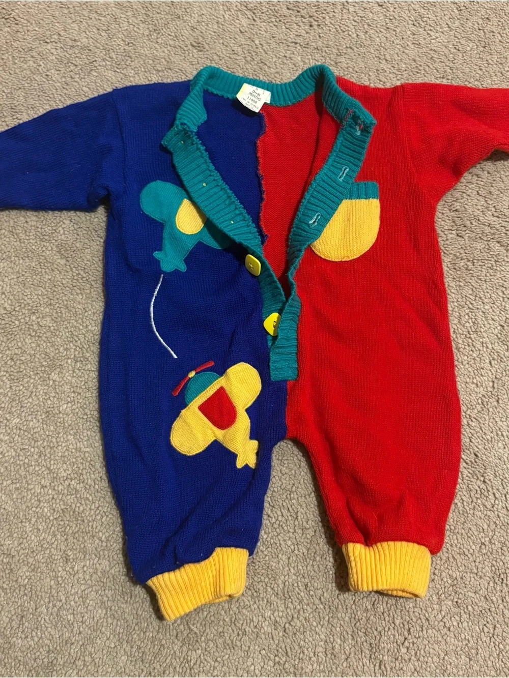 Vintage 80’s Rare Baby Togs Colorblock Knit Airplane One Piece Romper Size 3-6M